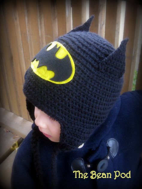 Crochet Batman hat  www.facebook.com/BeanPod88 Batman Hat Crochet, Batman Crochet Hat, Crochet Batman, Batman Kids, Hat Patterns Free, Baby Boy Hats, Alternative Christmas Tree, Man Hat, Crochet Knit Hat