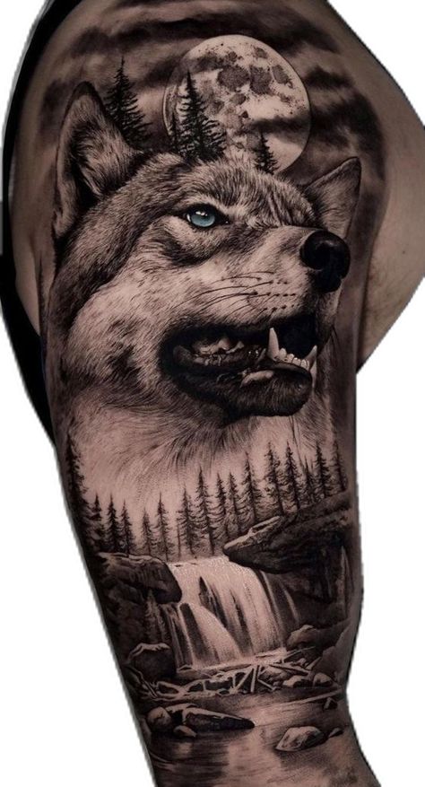 Wolf And Nature Tattoo, Wolf Sleeve Tattoo Design, Wolf Woods Tattoo, Wolf Arm Sleeve Tattoo, Mens Half Sleeve Tattoo Ideas Upper Arm, Mens Wolf Tattoo, Wolf With Moon Tattoo, Animal Sleeve Tattoo Men, Eagle And Wolf Tattoo