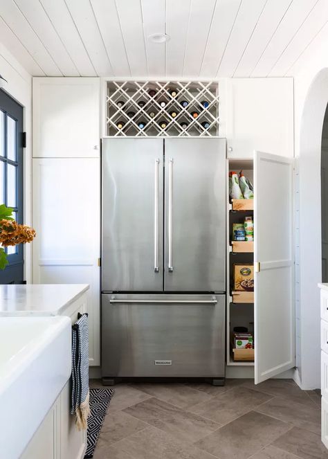 Pantry Next To Fridge, Galley Kitchen Pantry, Galley Kitchen Storage, Cabinets Around Fridge, Small Galley Kitchen Ideas, Above Fridge, Galley Kitchen Ideas, Gray Tile Backsplash, Galley Kitchen Layout