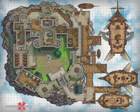 DND Map of a castle in the sky, on one of many floating islands. This castle features four floors. There is a dock for airships to unload cargo. On our patreon we also have seaside coastal versions in Summer, Winter, Desert environments. We also have a Lava variant without the ships. Dnd Buildings, Flying Castle, Sky Village, Dnd Concept, Map House, Fantasy City Map, Dnd World Map, Building Map, Dnd Items