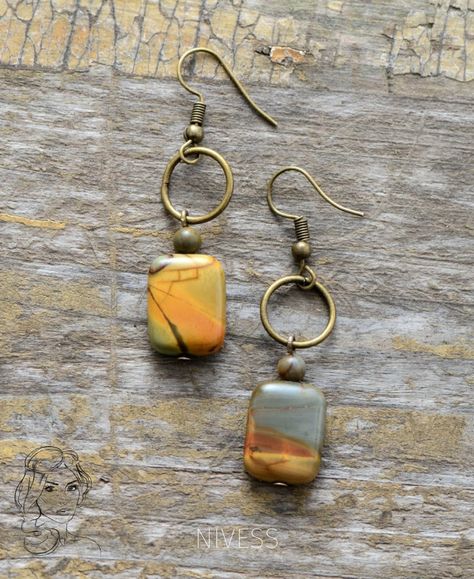 Jasper Domino's⠀⠀⠀⠀⠀⠀⠀⠀⠀ ⠀⠀⠀⠀⠀⠀⠀⠀⠀ #nivess #natural #jewelry ⠀⠀⠀⠀⠀⠀⠀⠀⠀ www.nivess.com Picasso Jasper, Jasper Earrings, Bohemian Earrings, Beaded Dangle Earrings, Diy Schmuck, Geometric Earrings, Jewelry Diy, Diy Earrings, Stone Earrings