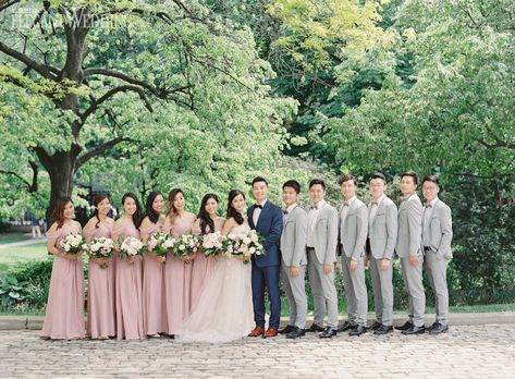 Pink Groomsmen, Blush And Grey Wedding, Pink Grey Wedding, Grey Wedding Theme, Light Pink Bridesmaids, Blush Wedding Theme, Groomsmen Grey, Blush Pink Bridesmaid Dresses, Pink Weddings