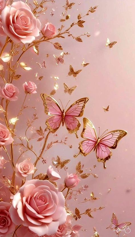 Pink And Gold Flowers Wallpaper, Pink White And Gold Aesthetic, Pink And Gold Wallpaper Iphone, Rose Gold Aesthetic Background, Rose Gold Collage, Butterfly Wallpaper Pink, Pink Aesthetic Wallpaper Lockscreen, Pink Butterfly Wallpaper, Pink Ribbon Wallpaper