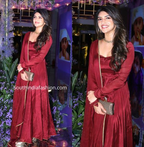 Sreeleela Stuns in a Simple Maroon Anarkali Suit at Dil Raju's Son's Birthday Bash! – South India Fashion Celebrities In Anarkali, Silk Anarkali Suits Designer, Satin Anarkali Suits, Maroon Anarkali Dress, Anarkali Dress Simple, New Design Suits, Satin Anarkali, Kurti Outfit, Maroon Anarkali