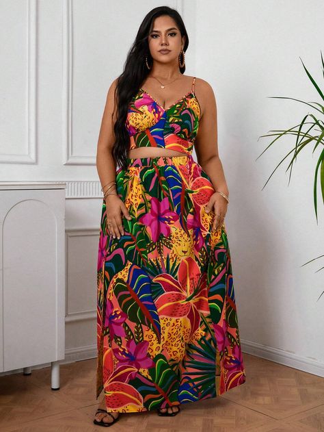 SHEIN VCAY Plus Size Tropical Plant & Leopard Print Cami Top With Skirt Set For Summer VacationI discovered amazing products on SHEIN.com, come check them out! Tropical Outfits, Top With Skirt, Leopard Print Cami, Boho Tropical, Party Outfits For Women, Print Butterfly, Floral Print Crop Top, Fashion Dresses Online, Top Halter