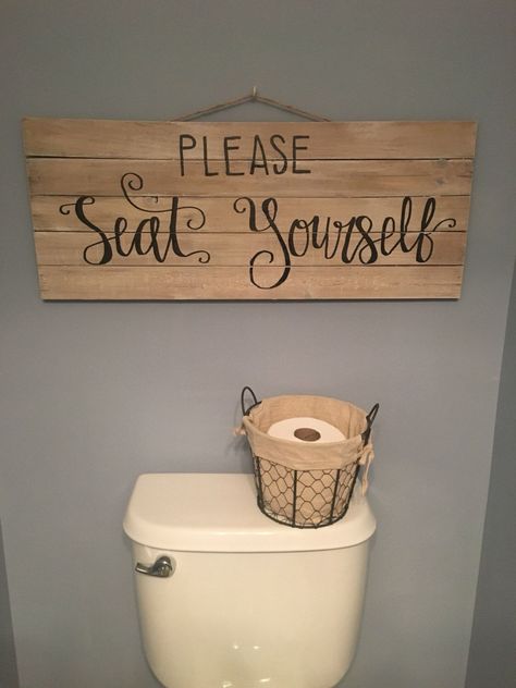 Please seat yourself sign, powder room decor, bathroom sign, hand lettering sign by PineappleSouth on Etsy https://www.etsy.com/listing/492073432/please-seat-yourself-sign-powder-room Pineapple Bathroom, House Necessities, Mountain Bathroom, Country Decorations, Shelf Dimensions, Powder Room Decor, Bathroom Decorating, Bathroom Sign, Boys Bathroom