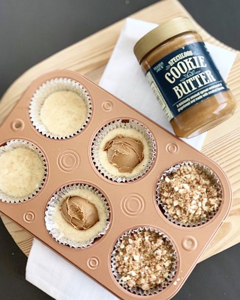 Trader Joe's Cookie Butter Banana Muffins - Crisp Collective Trader Joes Breakfast On The Go, Trader Joe’s Cookie Butter Recipes, Trader Joe’s Cookie Butter, Cookie Butter Banana Bread, Cookie Butter Muffins, Trader Joe’s Healthy, Trader Joe’s Dessert, Trader Joes Breakfast Ideas, Cookie Butter Dip