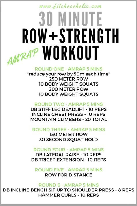 30 Minute Row + Strength Workout | The Fit Chocoholic  #circuit Quick Yoga Workout, Wods Crossfit, Body Weight Squat, Rower Workout, Rowing Machine Workout, Amrap Workout, Hiit Benefits, Rowing Workout, Orange Theory Workout