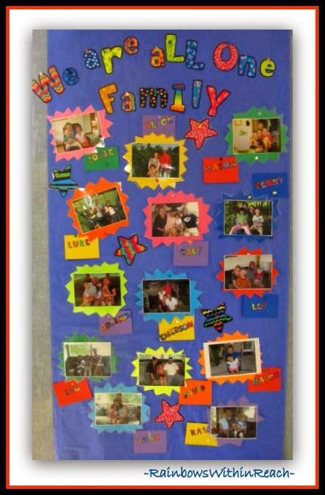 Family Bulletin Boards Preschool, Classroom Family Photo Display, My Family Project For School, Family Picture Bulletin Board Ideas, Family Board For Classroom, Friends And Family Board Classroom, Family Wall Daycare Classroom, Preschool Family Wall Ideas, Our Families Bulletin Board