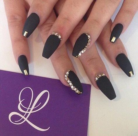 50 Coffin Nail Art Ideas | Cuded Mat Black Nails, Black Nails With Rhinestones, Black And Gold Nails, Nails With Rhinestones, Black Coffin Nails, Nail Design Video, Matte Black Nails, Nails Design With Rhinestones, Black Nail Designs