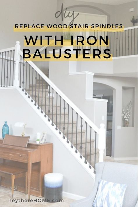 Diy Stair Railing Makeover, Iron Spindle Staircase, Painted Stair Railings, Railing Makeover, Stair Railing Makeover, Diy Staircase Makeover, Diy Stair Railing, Modern Stair Railing, Stair Makeover