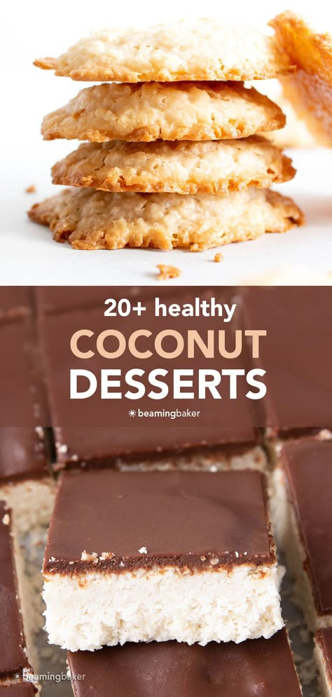 Satisfy your sweet tooth with these healthy coconut dessert recipes! Whether you’re craving coconut cookies or coconut ice cream, we’ve got you covered. | Recipes at BeamingBaker.com Paleo Coconut Cream Recipes, Easy Healthy Coconut Desserts, Coconut Cream Recipes Keto, What To Do With Coconut Flakes, Coconut Flakes Dessert, Coconut Food Photography, Healthy Recipes With Coconut Flour, Recipes Using Sweetened Coconut, Recipes Using Dessicated Coconut