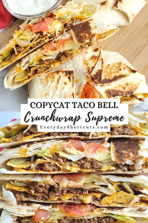 Crunch Wraps Taco Bell, Toco Bell Crunch Wrap, Taco Bell Crunch Wrap Supreme Recipe, Taco Wrap Crunch, Steak Crunch Wrap Supreme, At Home Crunch Wrap, Oven Crunch Wrap, Crunchy Taco Wrap, Crunchy Taco Recipes