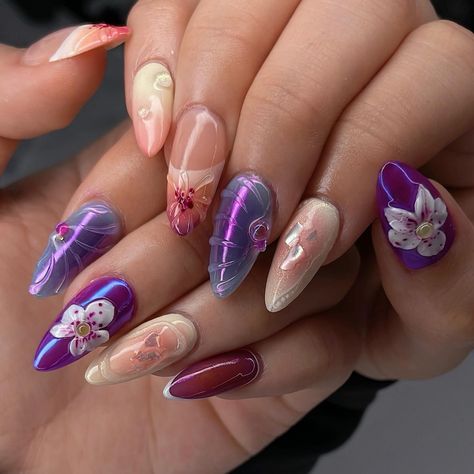 💜 Tropical Orchids 🐚 Can’t get enough of my purple chrome on blue 🤭 she’s ready for Hawaii 🏝️💗 ib: @mere_limtiek and @amys.clients #nailinspo #naildesign #gelxinspo #springnails #tropicalnails #3dnailart #3dflowernails #vancouvernails #nails2inspire Purple Nails Gel, Blue And Purple Nails, Purple Flower Nails, Fairycore Nails, Rave Nails, Orchid Nails, Purple Chrome, Tropical Nails, Asian Nails