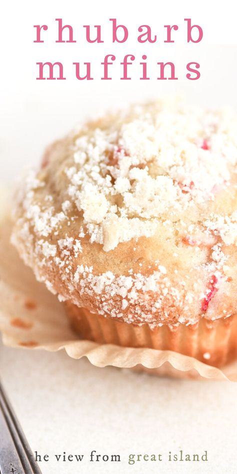 Perfect Rhubarb Muffins are tender and fluffy one bowl muffins with a featherweight streusel topping. They're a spring morning treat! Triple Berry Muffins, Strawberry Rhubarb Muffins, Bread Photography, Island Recipes, Rhubarb Muffins, Rhubarb Desserts, Berry Muffins, Food Baking, Spring Morning