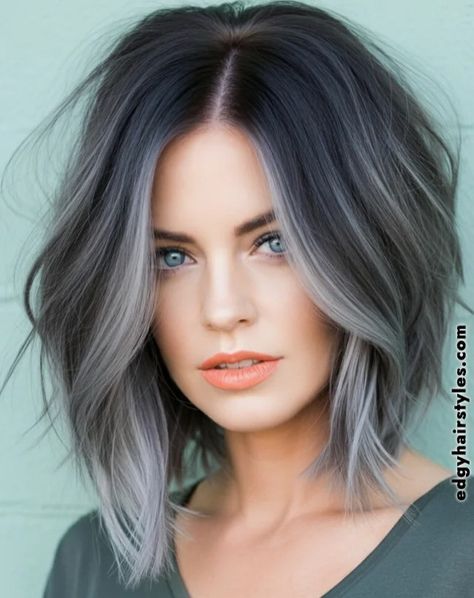 Grey Bayalage Hair Short, Balayage Hair Ash Grey, Gray Balayage On Brown Hair, Grey Balayage Brunettes, Balayage Grey Hair, Smokey Grey Hair, Slate Grey Hair, Dark Hair With Dimension, Gray Ombre Hair