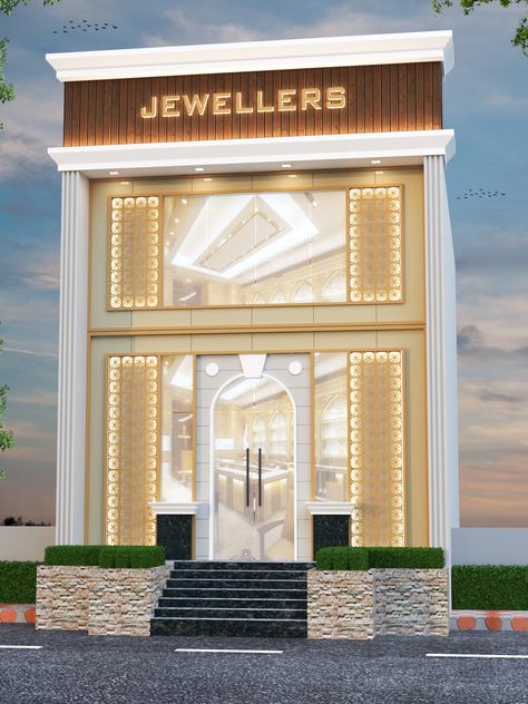 Jewellery Store Exterior, Jewellery Shop Elevation, Jewellery Showroom Exterior, Showroom Elevation, Shop Elevation, Commercial Elevation, Small Apartment Building Design, Shoe Store Design, Plaza Design