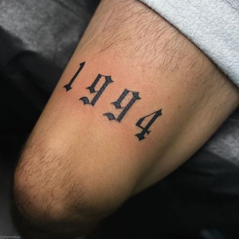 Roman Numeral Knee Tattoo, Date Above Knee Tattoo, Roman Numeral Tattoo Men Thigh, Year Above Knee Tattoo, Tattoo Ideas For Men Knee, Birth Year Tattoo Men, Above Knee Tattoo Men, Over Knee Tattoo Men, Roman Numeral Tattoo Men