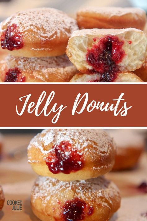 Jelly Donuts are fried dough filled with raspberry jelly and topped with sugar. These pillowy donuts are super soft on the inside and crisp on the outside. #jellydonuts #donuts Jelly Donut Recipe, Stuffed Doughnut, Rasberry Filling, Jelly Donuts Recipe, Nutella Donuts, Jelly Donuts, Jelly Donut, Donut Filling, Raspberry Jelly