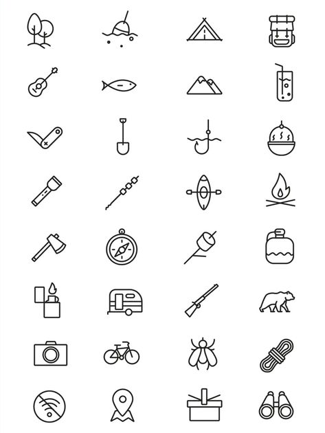 Camping icons pack Tiny Camping Tattoo, Camping Tatoo, Camping Tattoo Ideas, Camp Tattoo, Adventure Symbol, Camp Icon, Embroidery Journal, Camping Tattoo, Guitar Hook