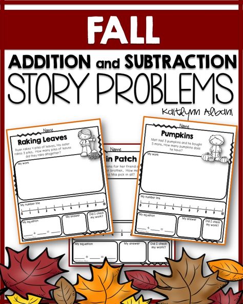 Addition and Subtraction Story/Word Problems for 1st grade - FALL theme Word Problems For 1st Grade, Math Story Problems, Winter Addition, Addition Kindergarten, Math Activities Elementary, Addition Word Problems, Math Operations, Winter Math, Fall School