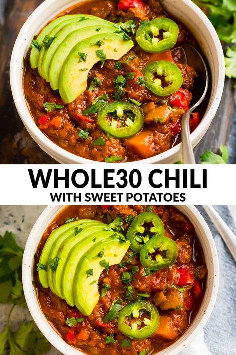 A rich, hearty Whole30 chili with no beans. Easy stovetop recipe loaded with healthy ingredients like sweet potato, bell peppers, and lean ground beef, turkey or chicken. Not too spicy and SO delicious! Paleo, gluten free, grain free, and great for meal prep too! #whole30 #whole30recipes #chili #wellplated Whole 30 Chili Recipe, Chili With No Beans, Whole30 Chili, Stovetop Chili, Chili Recipe Healthy, Sweet Potato Recipes Healthy, Paleo Chili, Healthy Chili, Whole30 Dinners