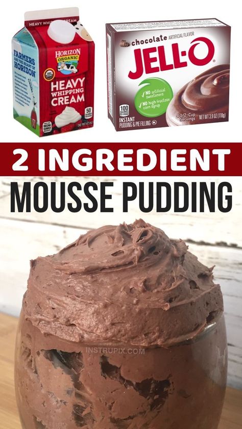 This quick and easy no bake dessert is great for last minute sugar cravings, plus it's made with just 2 ingredients: any flavor of Jello instant pudding and heavy whipping cream. Yes, endless flavor options-- chocolate, banana, vanilla, pistachio, lemon, etc. The heavy cream turns the pudding into a rich and cream mousse that is to die for! Plus it can be made in just about 5 minutes with no baking required. You really only need a tablespoon or two of this rich dessert to be satisfied. Low Carb Mousse Sugar Free, Chocolate Pudding Recipe Ideas, Best Filling Snacks, Whipped Mousse Recipes, Two Ingredient Mousse Recipe, Quickest Dessert Ever, Easy Cake Filling 2 Ingredients, Chocolate Pudding Mouse, How To Make Moose Dessert