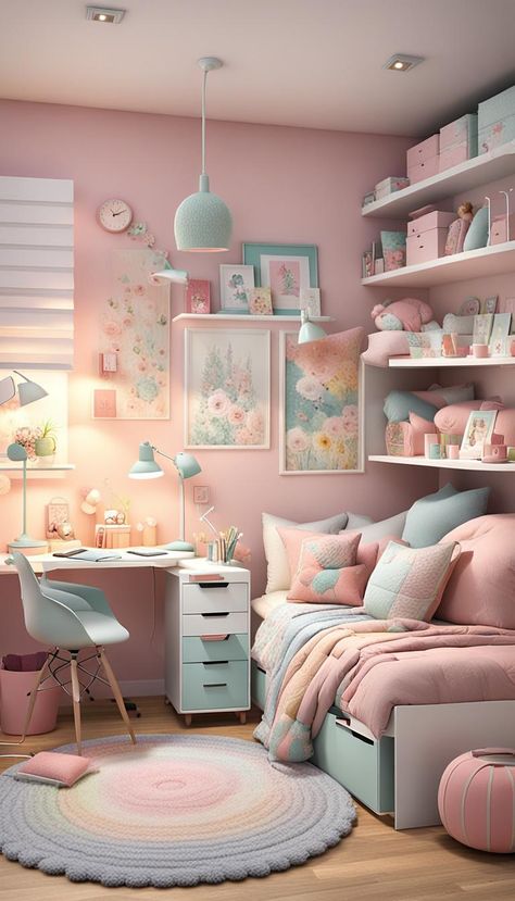 Cozy design of a girl's bedroom for small area#bedroom #design #girls #cosy #small_rooms Bedroom Ideas For 7 Year Girl, Pale Pink Girls Bedroom, Girls Room Small Space, Bedroom Ideas For 10 Yr Girl, Small Girl Bedroom Ideas, Girls Pastel Bedroom Ideas, Girls Bedroom Ideas Age 8-10, Small Girls Room, Small Girls Bedroom