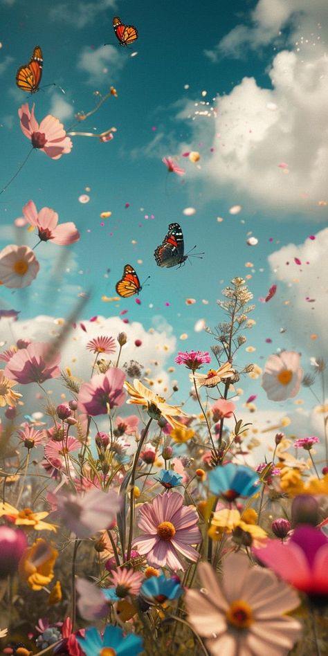 Phone Wallpaper High Resolution, Floral Butterfly Wallpaper, Backgrounds Flowers Vintage, Flower Field Wallpaper, Vintage Blue Background, Out Of Focus Background, Lockscreen And Homescreen Wallpaper, Realistic Wallpaper, Realistic Photography