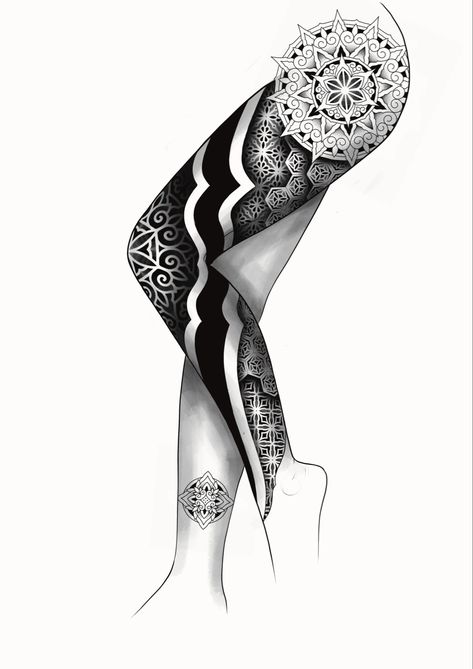 Sacred Geometry Leg Sleeve, Leg Tattoos Sketch, Mandela Leg Tattoos, Geometric Mandala Tattoo Design Pattern, Geometric Leg Sleeve, Geometric Leg Tattoo, Tattoos Cartoon, Stile Pin Up, Geometric Tattoo Sleeve Designs