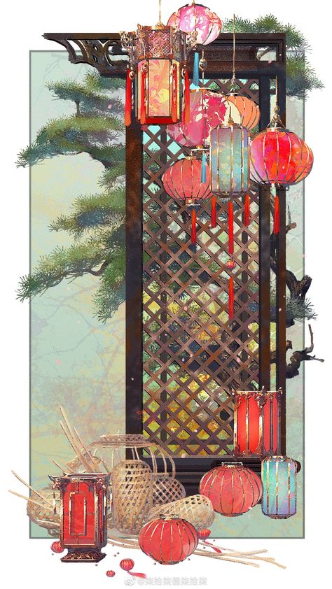 Chinese Illustration Wallpaper, Chinese Cultural Art, Asian Inspired Art, Chinese Art Aesthetic, Chinese Structure, Drawing Lantern, Chinese Illustration, Chinese Lanterns, China Art