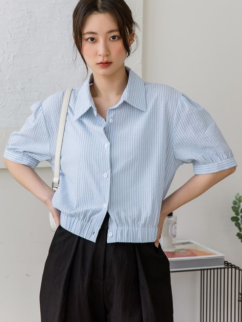 Blue Casual  Half Sleeve Cotton Striped Shirt Embellished Non-Stretch  Women Tops, Blouses & Tee Crop Shirts For Women, Korean Fashion Shirt, Bra Sewing Pattern, Girls Designer Dresses, Korean Tops, Korean Outfit Street Styles, Outfit Korean, Puff Sleeve Shirt, Half Shirts