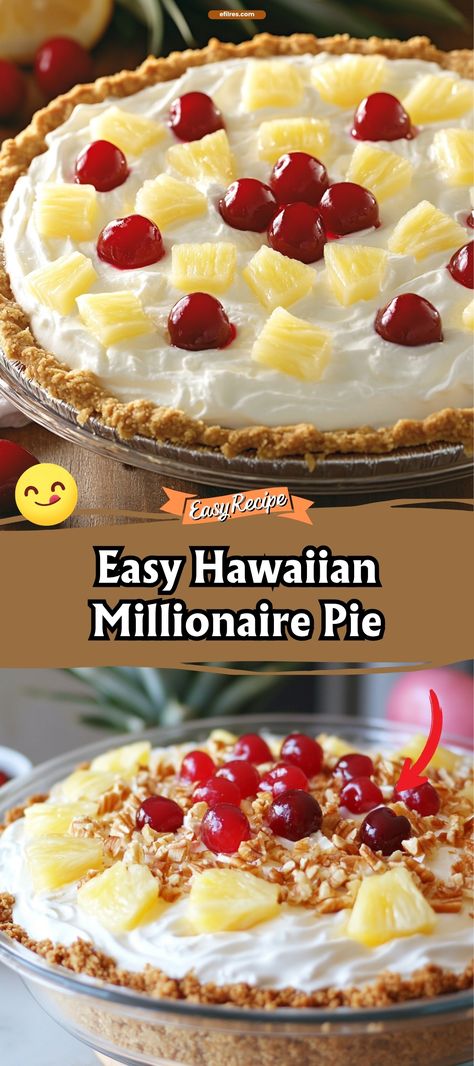 Escape to the tropics with this no-bake Hawaiian Millionaire Pie. Packed with pineapple, coconut, and cherries, this creamy, fruity pie is perfect for those warm days when you want a dessert that refreshes as much as it satisfies. Ready in minutes, it’s a true millionaire's treat without any of the fuss. #NoBakeDessert #TropicalPie #EasyRecipes Hawaiian Pie Recipe Crushed Pineapple, Hawaiian Pie Recipe, Pineapple Upside Down Pie, Tropical Dessert Recipes, Pineapple Pie No Bake, Samoa Pie Recipe, Hawaiian Pie, Hawaiian Dessert, Millionaire Pie