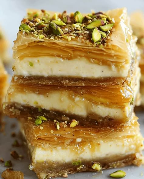 Pistachio Baklava Cheesecake Bars – A Luxurious Treat Desserts Cobbler, Cobbler Muffins, Italian Donuts, Phyllo Recipes, Baklava Cheesecake, Pistachio Baklava, Pistachio Cheesecake, Pastries Recipes Dessert, Streusel Cake