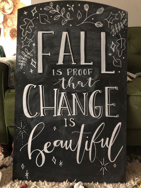 Fall into winter #chalkboard #chalk #chalksign Fall Chalkboards Ideas Chalk Art, Chalkboard Gallery Wall, Fall Chalk Bored Ideas, Chalkboard Designs Fall, Chalkboard Wall Art Ideas, Fall Sidewalk Chalk Art Ideas, October Chalkboard Ideas, September Chalkboard Ideas, November Chalkboard Ideas