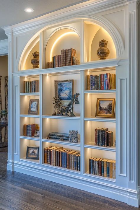 In Home Bookshelves, Built In Bookshelf With Bar, Bookcase On Slanted Wall, Built In Bookcase With Lights, Diy Wall Bookshelf Ideas, Living Room Built Ins Without Fireplace, Vaulted Ceiling Built Ins Bookshelves, Custom Shelving Living Room Built Ins, Tall Bookcase Living Room