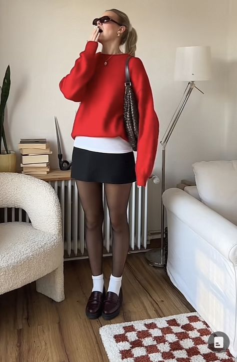 Chic Mini Skirt Outfit, Red Cardigan Skirt Outfit, Shopping Aesthetic Outfits, Dresses With Heels Outfit, Vintage Preppy Fashion, Chic Clothes Aesthetic, December Fashion Outfits, Skirt Tights And Sweater Outfit, Nyc Core Outfits