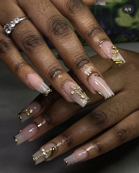 Cute Dainty Acrylic Nails, Gold And Sage Green Nails, Prom Emerald Green Nails, Gold Chrome Heart Nails, Gold Charms Nails, Gold Nails With Gems, Gold Themed Nails, Gold Nails With Charms, Metallic Nails Gold