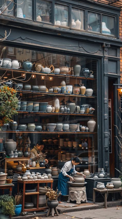 Pottery Store Facade: A #ceramicartisan meticulously inspects a #ceramicdesign outside a charming #potterystore brimming with #handcrafted items. #ceramicart #craftsmanship #handcraftedgoods #aiimagery #digitalartwork #creativephotography ⬇️ Download and 📝 Prompt 👉 https://stockcake.com/i/pottery-store-facade_863434_821014 Ceramic Window Display, Pottery Store Display, Pottery Studio Aesthetic, Pottery Display Ideas, Pottery Exhibition, Atmosphere Drawing, Opening A Store, Plant Pottery, Pottery Shed