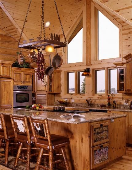 Log Home Interiors | Yellowstone Log Homes Log Cabin Homes Interior, Log Home Interior Design, Cabin Homes Interior, Dapur Rustic, Log Home Interior, Log Home Kitchens, Montana House, Rustic Cabins, Log Cabin Living