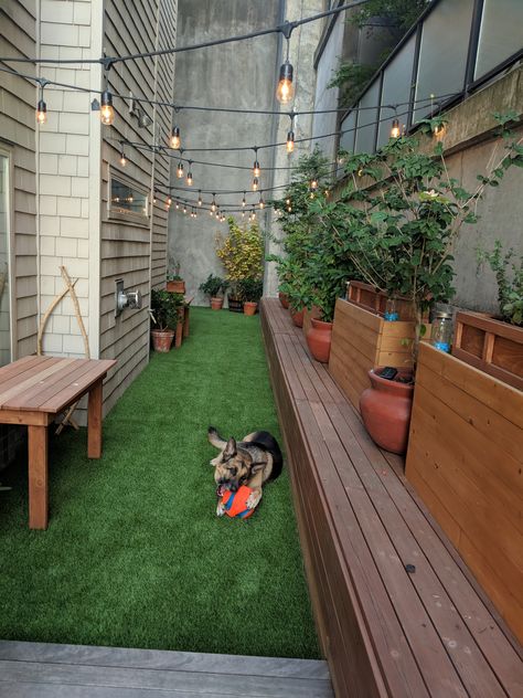 Rooftop Dog Area, Small Backyard Turf Landscaping, Turf Tiles Patio, Small Dog Friendly Backyard, Outdoor Patio Ideas Pet Friendly, Turf Small Patio, Turf Deck Ideas, Outdoor Turf Patio, Small Yard With Turf