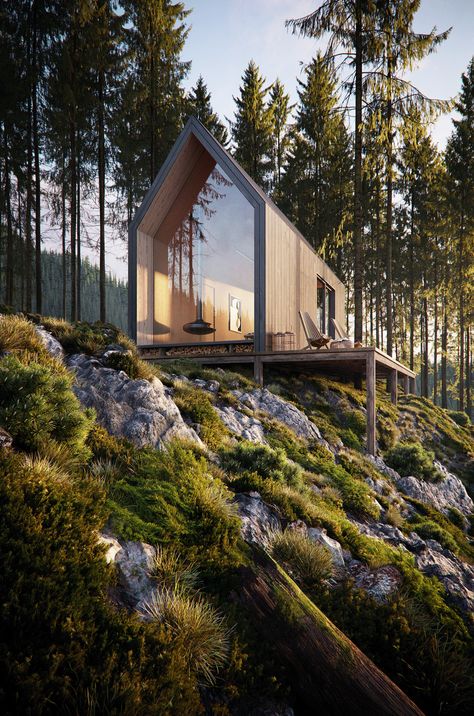 Forest Cabin on Behance Design Case Mici, Cabin Modern, Eco Cabin, Glass Cabin, Chalet Design, Forest Cabin, Casa Container, Tiny Cabin, A Frame House