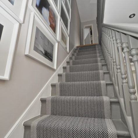 Felton Border - Cargo Grey - Off The Loom Gray Banister Staircases, Grey Painted Stairs, Grey Stair Runner, Grey Hallway Ideas, Gray Stair Runner, Stairs And Hallway Ideas, Grey Hallway, Gray Stairs, White Staircase