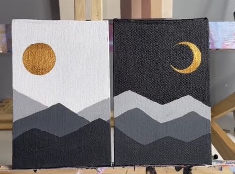 Pair Paintings Canvases, Painting Beginners Ideas, Polaroid Painting Ideas Aesthetic Easy, Blue Acrylic Painting Ideas Easy, Moon Mountain Painting, Canvas Art Easy Cute, Painting Ideas For Date Night, Midnight Painting Easy, Painting For Bignners