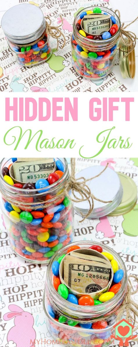 Perfect Gift Idea for all ages!  Hidden Gifts In a jar! | Hidden Gift Jars | Christmas Gift Jars | Gifts in a Jar | Christmas Jar Gift | DIY Christmas Gifts | Money Gift Idea | #giftsinajar | #giftideas | Birthday Jar Gift | Easter jar Gift | Graduation Jar Gift | #eastergift | #christmasgift | #graduationgift | #birthdaygift via @myhomebasedlife Diy Gifts For Christmas, Christmas Jar Gifts, Gifts In A Jar, Gift Jars, Practical Christmas Gift, Creative Diy Gifts, Diy Holiday Gifts, Christmas Jars, Jar Gifts