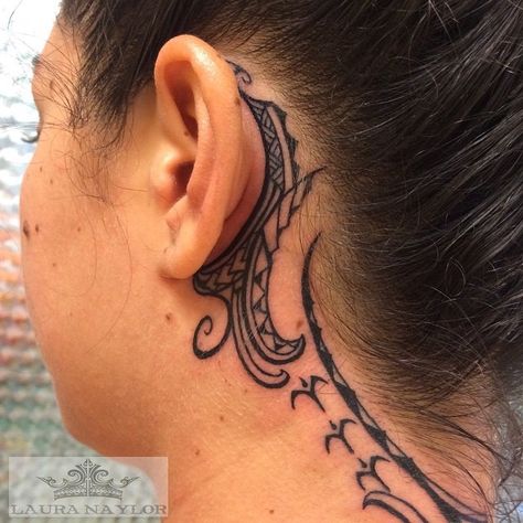 Tamoko Tattoo, Cross Tattoo Men, Ohana Tattoos, Guam Tattoo, Back Ear Tattoo, Neck Tats, Tattoos Neck, Polynesian Tattoos Women, Girl Thigh Tattoos