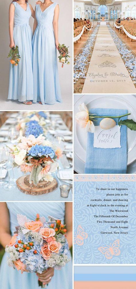 sky blue and peach wedding color ideas and gorgeous blue bridesmaid dresses Peach Wedding Colors, Baby Blue Weddings, Rustic Wedding Decorations, Spring Wedding Colors, Blue Themed Wedding, Wedding Colors Blue, Wedding Theme Colors, Theme Color, Peach Wedding