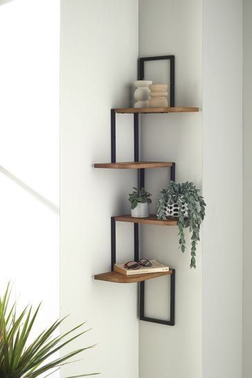 Metal Wood Shelves, Small Space Shelves Ideas, Black Metal And Wood Shelves, Stacked Shelves In Bedroom, Black Metal And Wood Decor, Black White And Wood Living Room Decor, Bedroom Corner Ideas Wall Decor, Lounge Floating Shelves, Living Room Green And Black