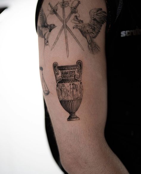 Tattoo uploaded by Ion Caraman • Experience intricate artistry with this micro-realism and illustrative tattoo of a Greek vase by Ion Caraman. Greek Mythology Vase Tattoo, Roman Pottery Tattoo, Greek Myths Tattoo, Ancient Rome Inspired Tattoos, Hercules Vase Tattoo, Greek Vase Design, Roman Woman Tattoo, Greek Patchwork Tattoo Sleeve, Greek Urn Tattoo