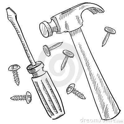 Construction tools sketch screwdriver hammer Tattoo Flash Art ~A.R. Hammer And Nail Drawing, Hammer Drawing Easy, Hammer Sketch, Screwdriver Drawing, Screw Drawing, Hammer Drawing, Tool Drawing, Construction Nails, Hammer Tattoo